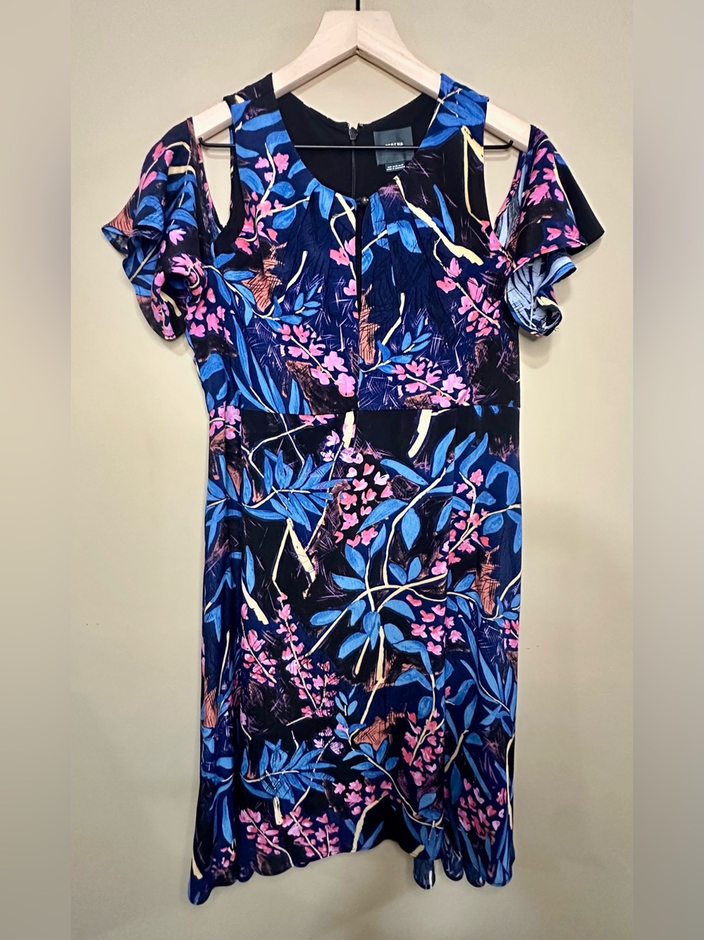 Maeve Anthropologie Floral Cold Shoulder Dress Size 8 Navy Blue Pink